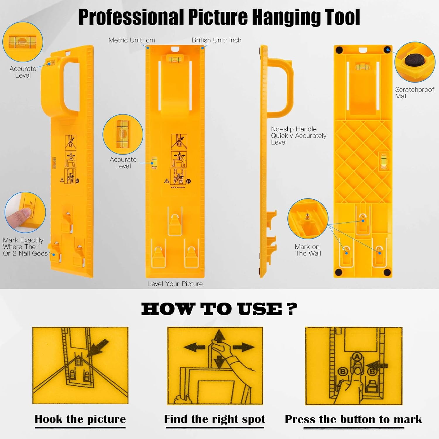 307Pcs Picture Hanging Kit, Picture Frame Hanger Tool with Level Ruler and 306Pcs Nails, H s, Hanging Wire, Screw Eyes, D Ring and Sawtooth Hanger for Frame Hanging Wall Mounting