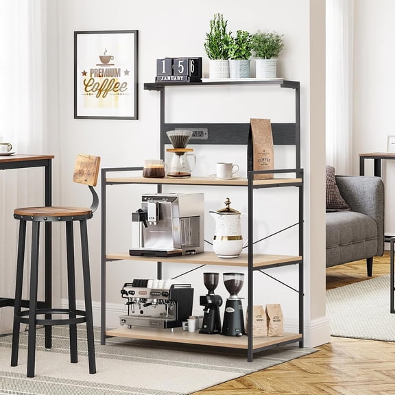 4-Tier Kitchen Baker's Rack with Power Outlet, Microwave Stand and Storage Shelves, Coffee Station Organizer (White Maple and Black)