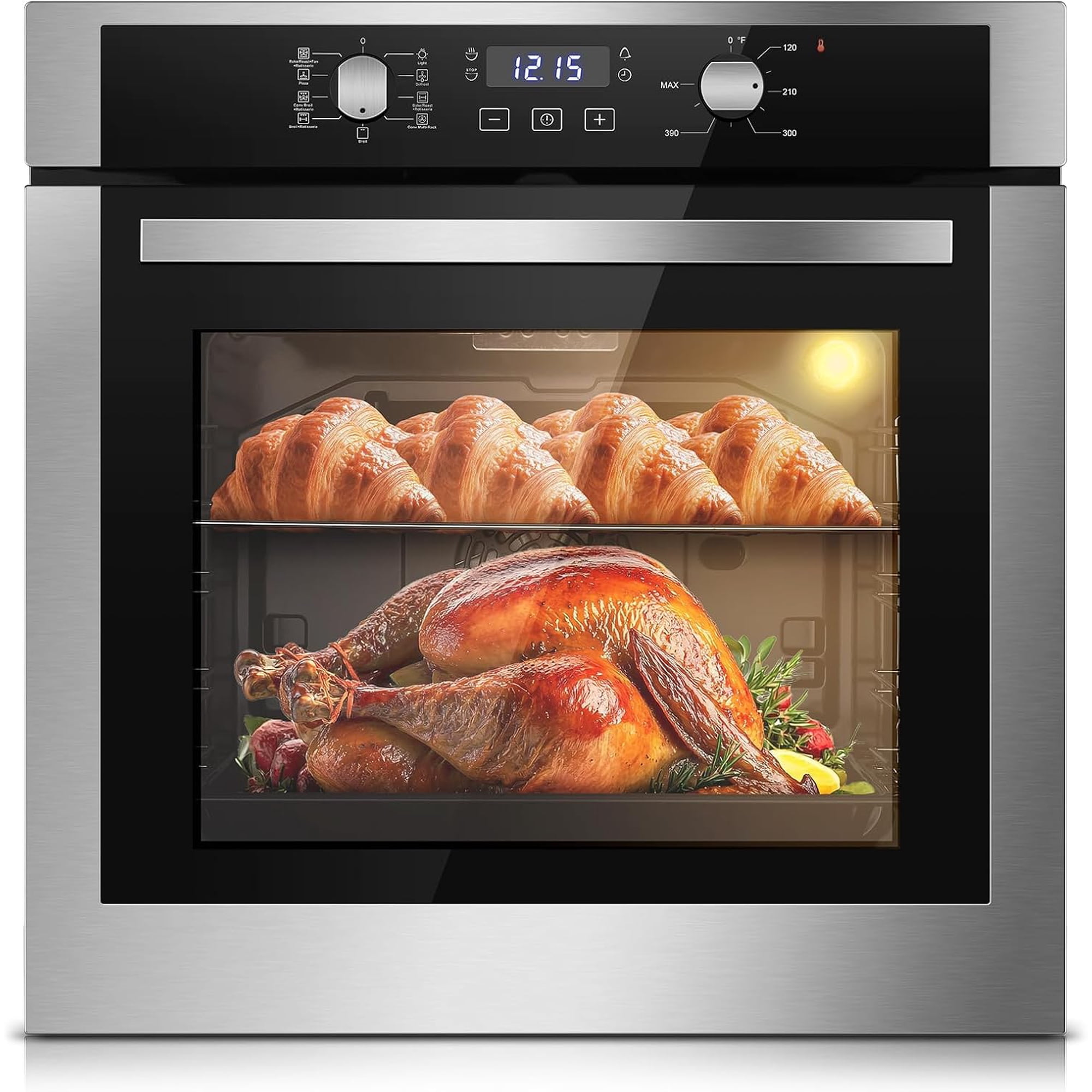 Wall Ovens 24 Inch Electric 3220W, 2.8 Cu.Ft Single Wall Oven with 3-Key Digital Control for Precise Baking 360° Rotisserie, 9 Functions & Easy-Clean Enamel Cavity for restaurant home Tieasy