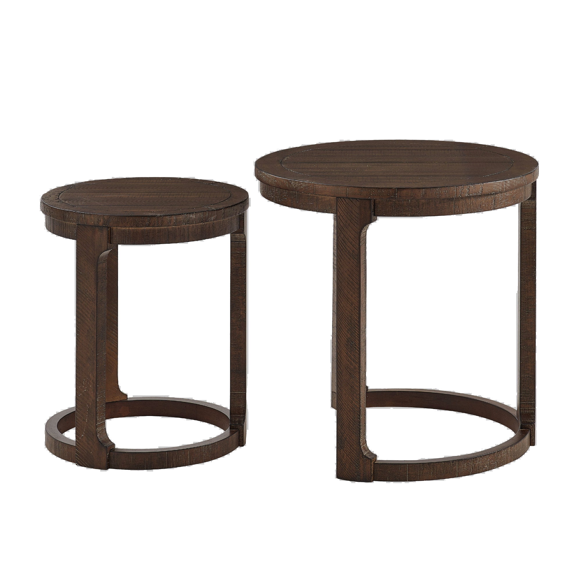 24 Inch Curved Round Coffee Table Set, Mid Century Rustic Style Nesting Side Tables with Staggered Height, Solid Wood and MDF Construction, Dark Brown Finish
