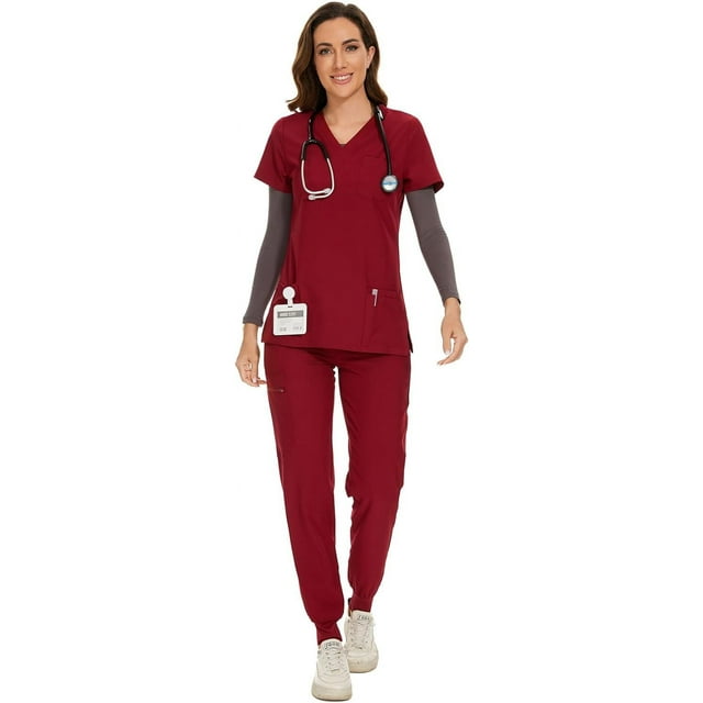 Scrubs for Women Set - Stretch V-Neck Scrub Top & Jogger Pant with 8 Pockets