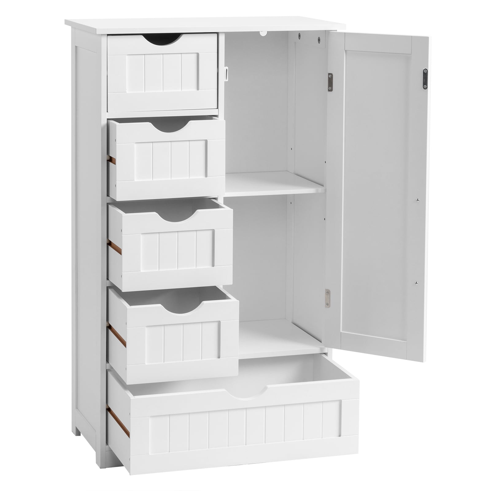 Ktaxon Wooden Bathroom Floor Cabinet, Side Storage Organizer with 5 Drawers, 1 Cupboard & 2-Shelves, White