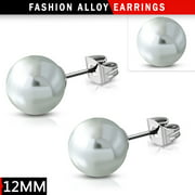 12mm Fashion Silver Gray Resin Faux Pearl Bead Ball Stud Earrings pair