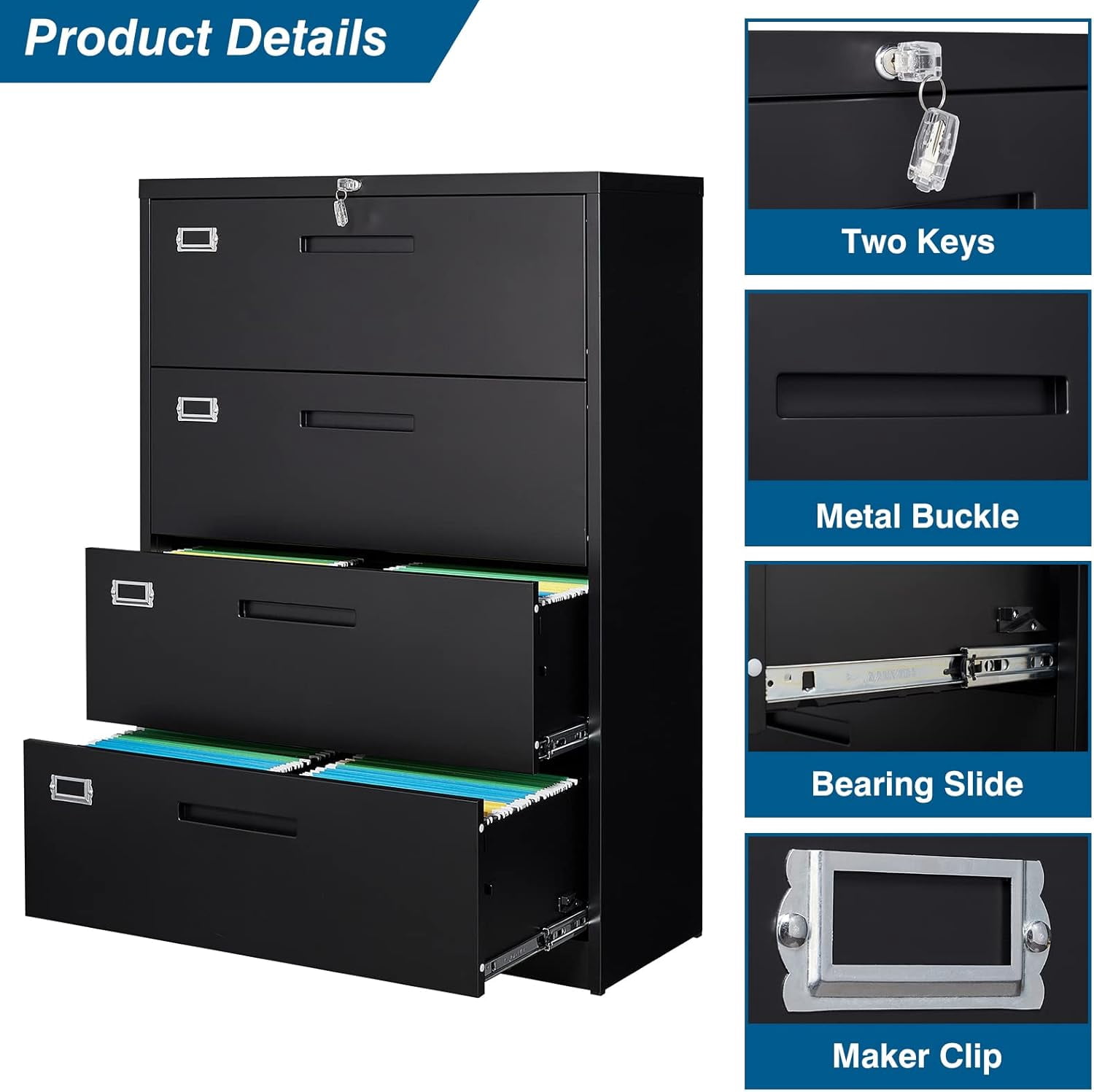 Lateral Filing Cabinets for Home Office, Office Storage Drawers with Lock for Hanging Files Legal/Letter A4 Size, Assemble Required