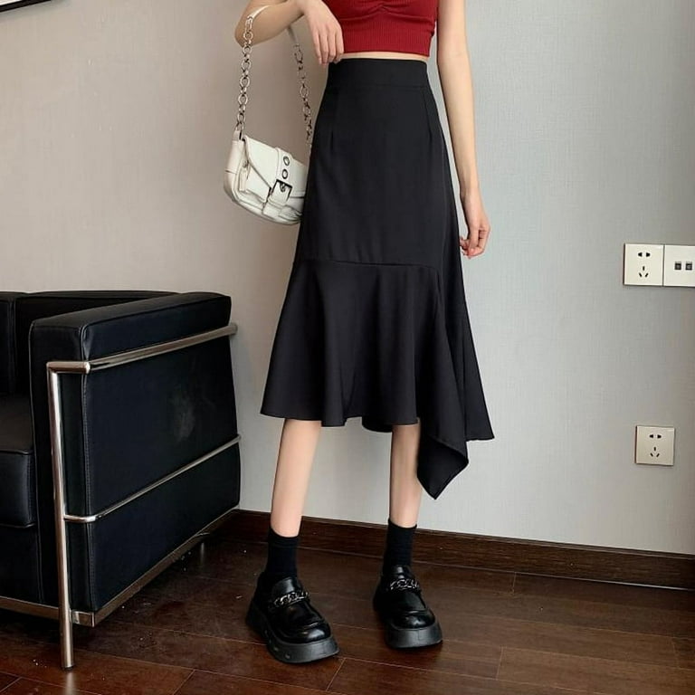 DanceeMangoo Fashion Asymmetrical Long Skirt Women Solid Color Elastic High  Waist A-line Skirts Woamn Korean Chic Ruffles Midi Skirt