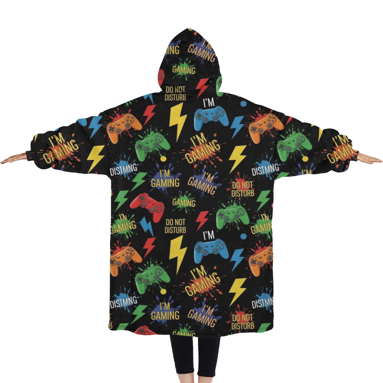 Oversized Wearable Blanket Hoodie,Colorful Controllers Games Words Black Pattern Sherpa Blanket Hoodie with Super Pockets,Super Warm Fuzzy Pullover for Women & Men