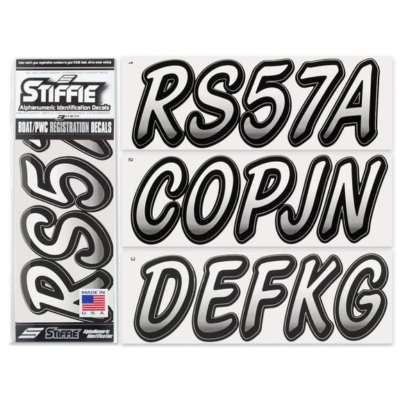STIFFIE Whipline White/Black 3" Alpha-Numeric Boat Registration Numbers Identification Stickers Decals