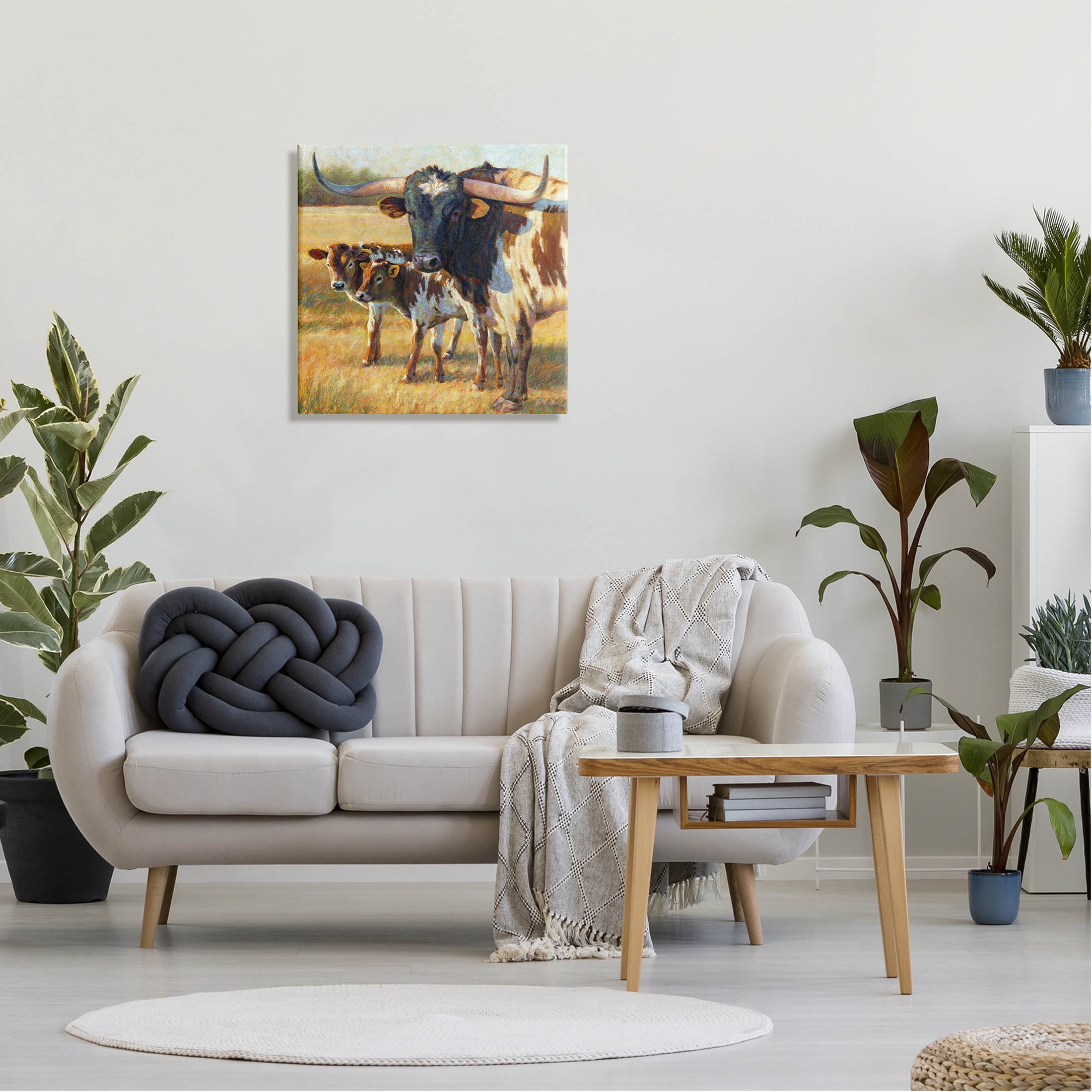 Longhorn Cattle Family Grassland Animals & Insects Painting Gallery Wrapped Canvas Print Wall Art