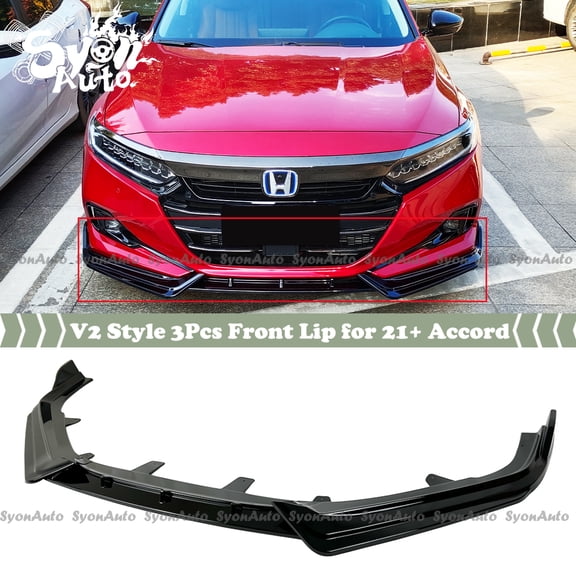 FITS 2021  HONDA ACCORD V2 STYLE 3PCS GLOSSY BLACK FRONT BUMPER LIP SPLITTER KIT