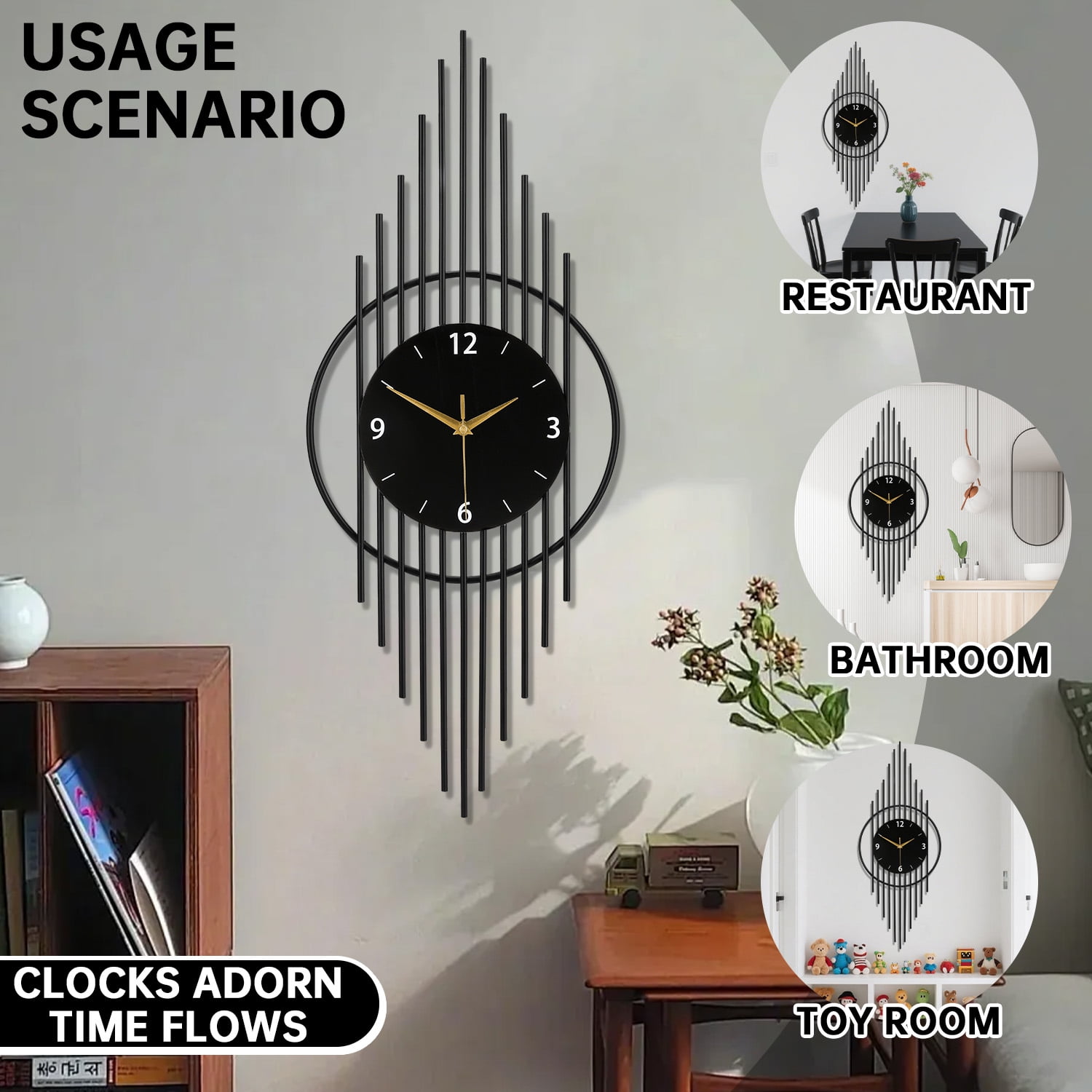 Modern Black Metal Wall Clock, Art Deco Style Large Decorative Clock for Living Room, Silent Non-Ticking Hanging Clock with Geometric Design, Unique Home Decor & Kitchen/Bedroom Wall Art