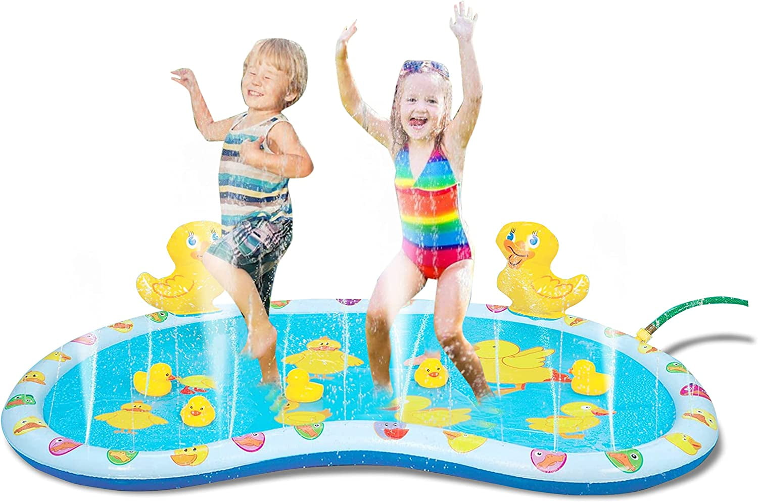 KOVOT 54" Inflatable Duck Splash Pool Mat Sprinkler Outdoor Playable with Rubber Duckies, 4 Pieces