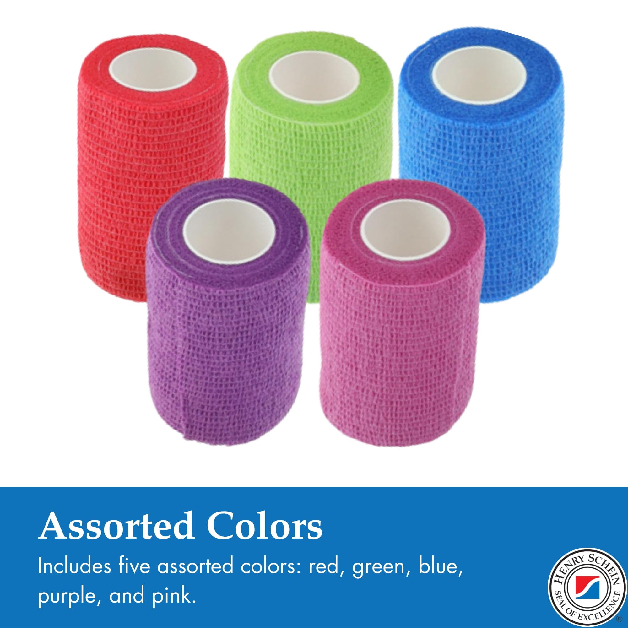 Henry Schein Premium Self-Adherent Bandage Wrap – 2" x 5 Yards, Assorted Colors – Box of 36 Rolls – Flexible, Non-Woven Fabric, Non-Sterile, Latex-Based Wrap for Wound Care & Light Compression