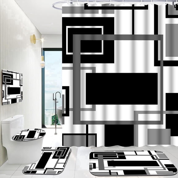 Hadint 4Pcs Black Geometric Pattern Shower Curtain Set, Shower Curtain and Rug Set, 12 Pcs Hooks, 71in x 71in