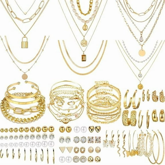 ZLC 69 Pieces Gold Jewelry Set for Women Fashion Costume Jewelry Gold Plated Necklace Bracelet Earrings Set for Women