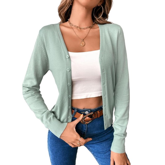 Womens Cardigans Casual Plain V neck Cardigan Green XS