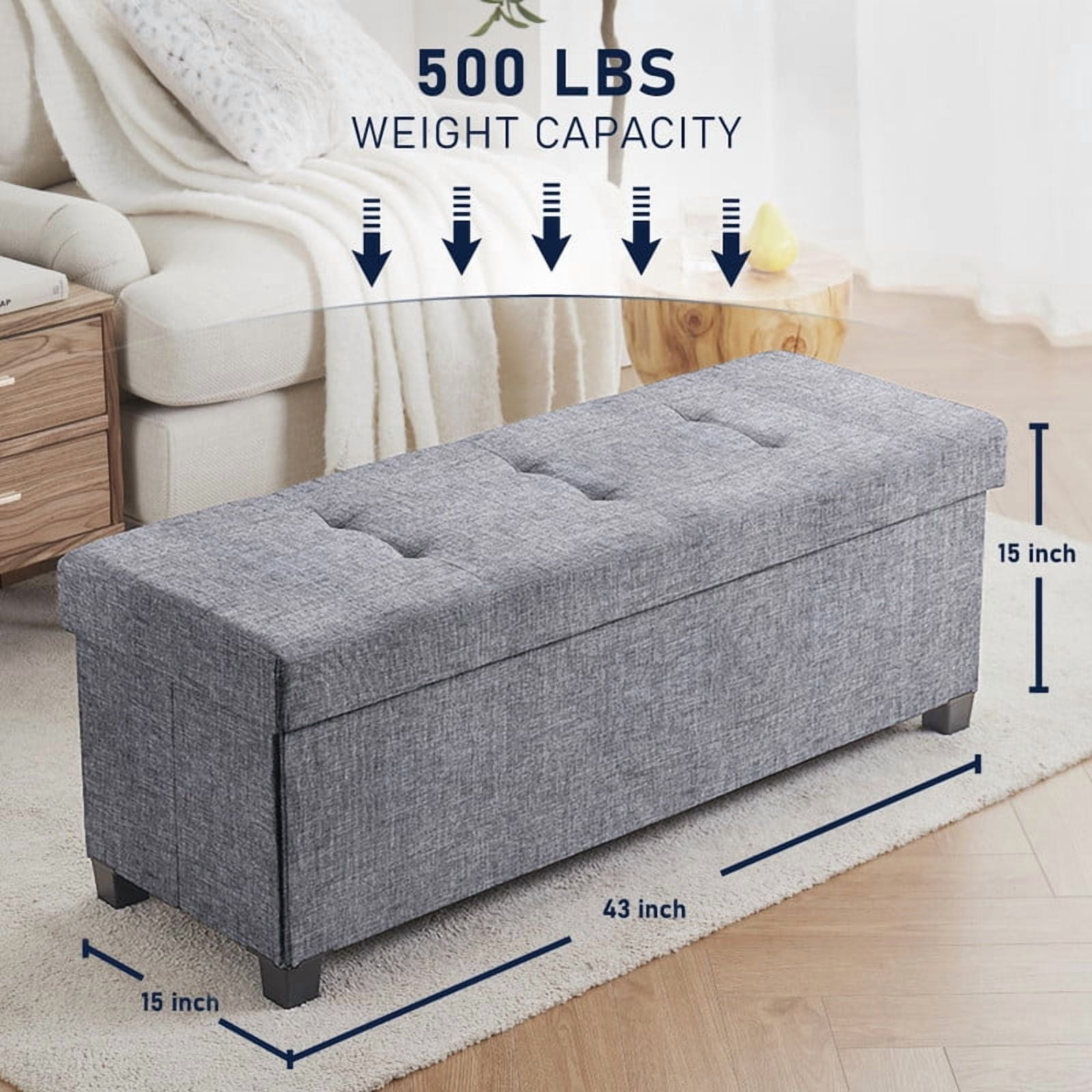 Ornavo Home 43 Inch Folding Storage Ottoman with Storage Bench, Long Large Storage Ottoman Bench, Storage Chest, Foot Rest Stool, Bedroom Bench with Storage