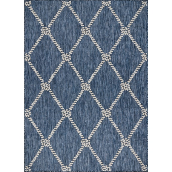 Laddha Home Designs 5.25' x 7' Navy and Beige Nautical Knot Rectangular Outdoor Area Throw Rug