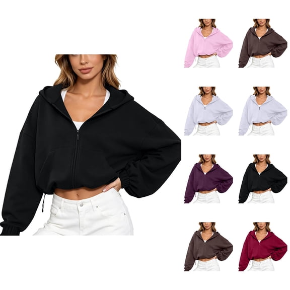Oversized Cropped Hoodie Women Long Sleeve Drop Shoulder Boxy Fit Zip Up Hooded Sweatshirt with Pockets Casual Jacket