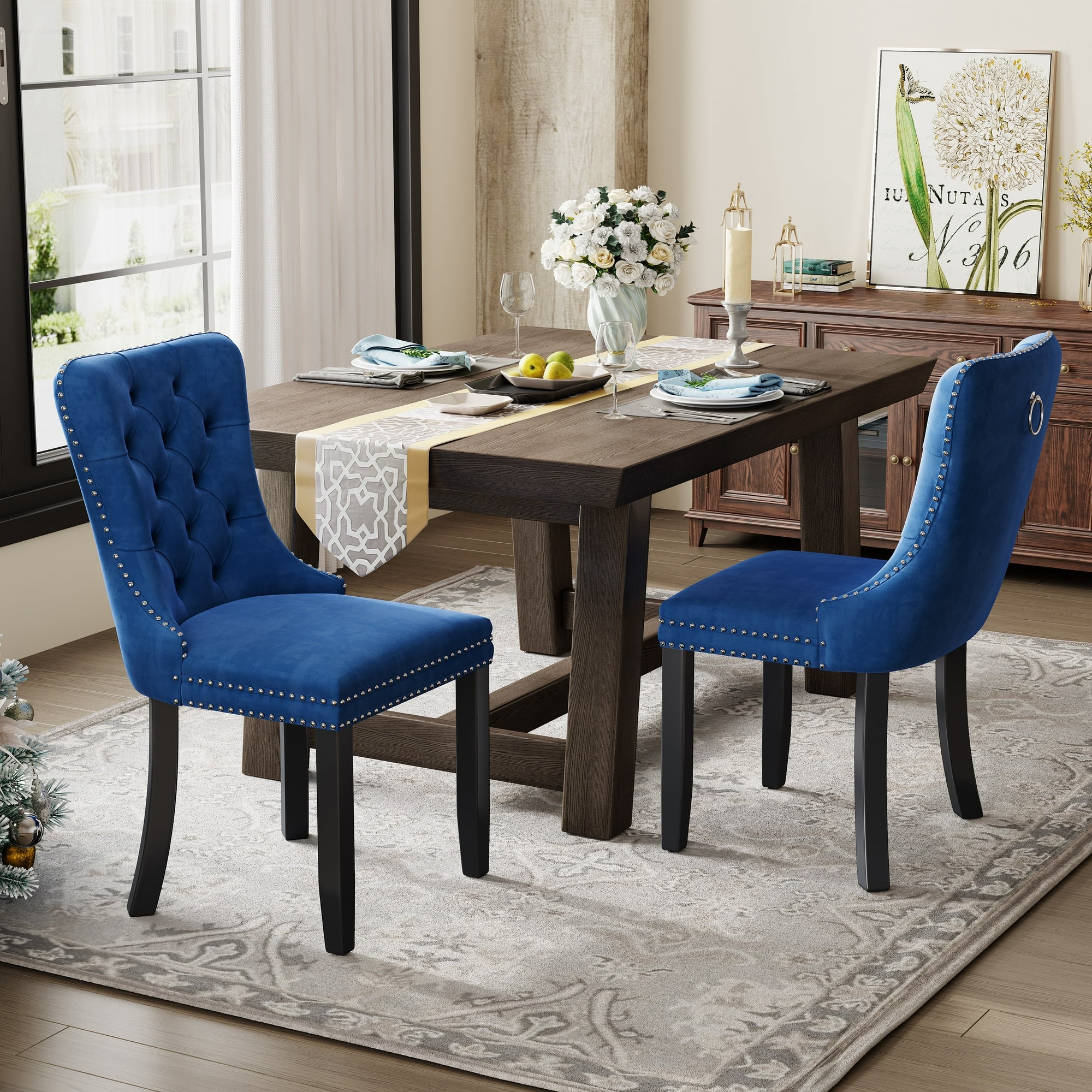 Dining Chairs Set of 2, Upholstered High-End Tufted Dining Room Chair with Back Ring and Nailhead Trim, Modern Velvet Kitchen Chairs with Solid Wood Legs for Kitchen, Home,Blue