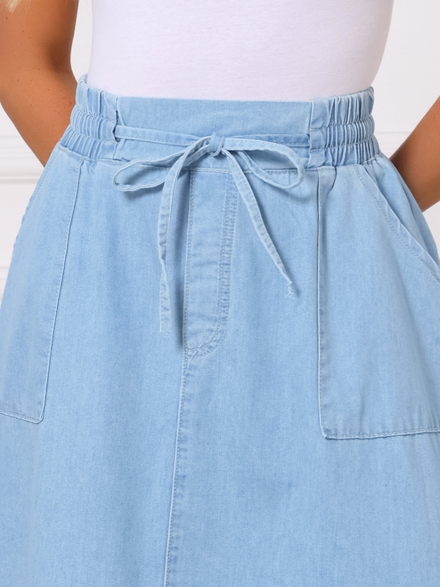 DARING DIVA Women's Denim A-Line Flare Midi Jean Skirt with Pockets XL Light Blue