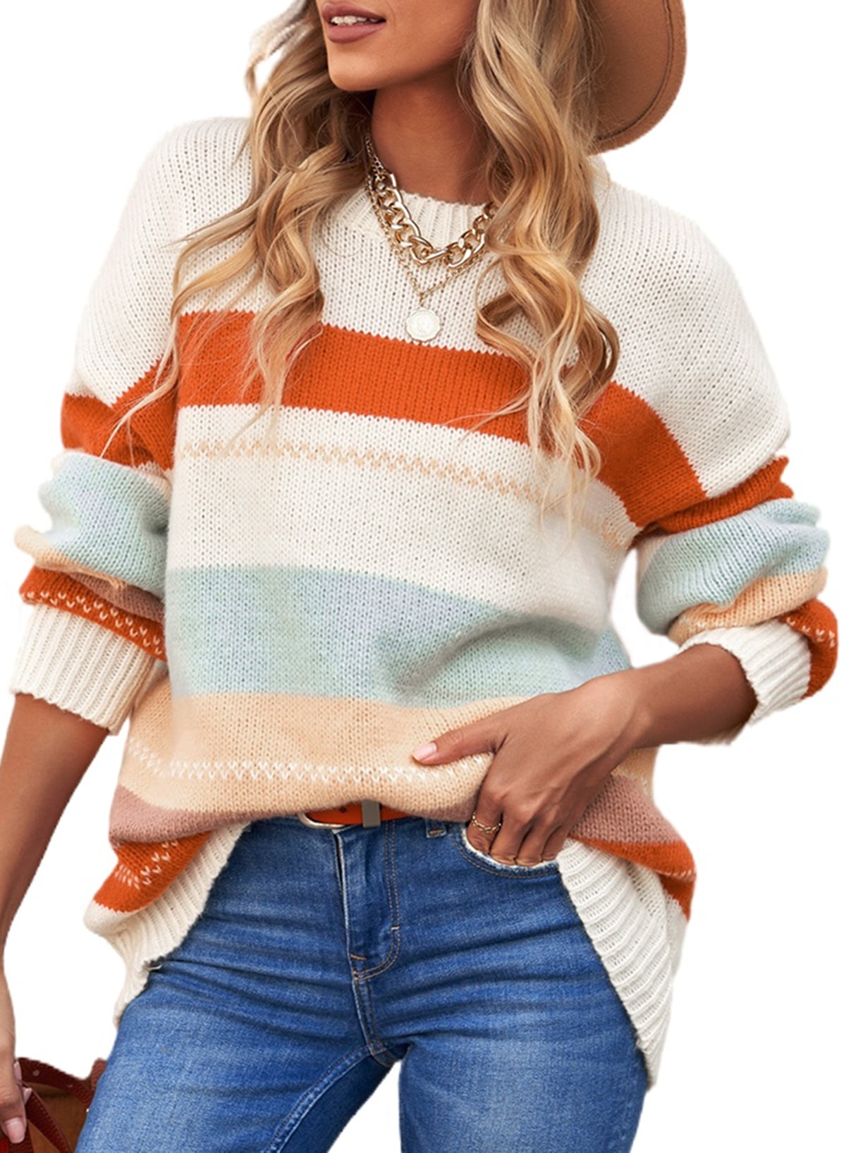 Acelitt Color Block Striped Sweater Long Sleeve Crewneck Pullover Multicolor Oversized Sweater