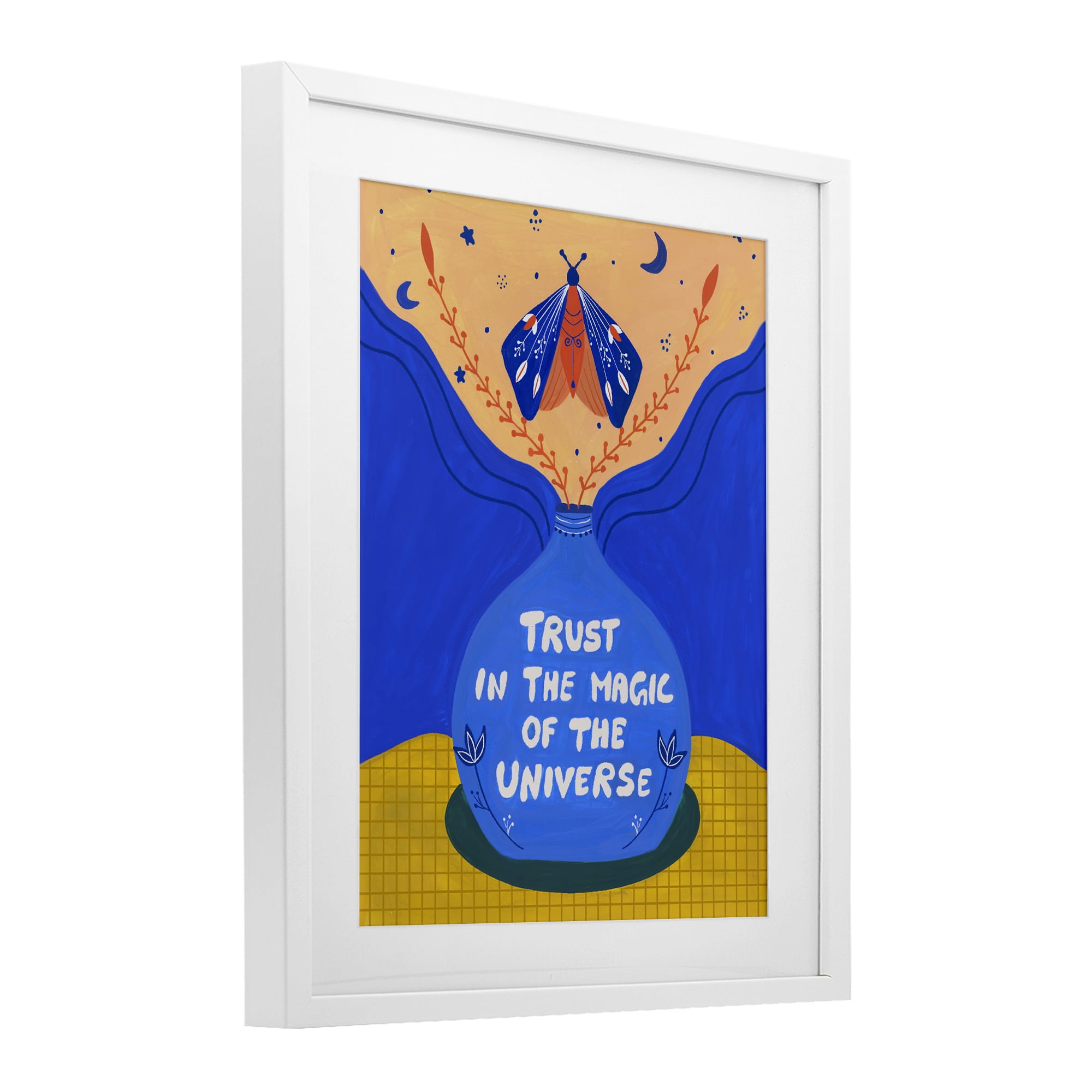 Trust In Magic Of Universe White Framed Print Under Glass, design by Nabeela Rumi
