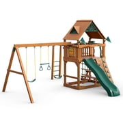 Gorilla Playsets Navigator Wooden Swing Set with Monkey Bars, Built-in Picnic Table, and Swing Set Accessories