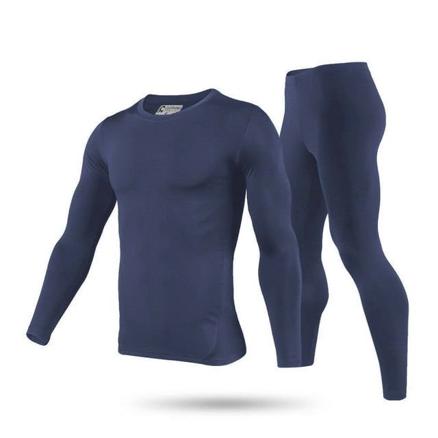Men’s Ultra-Soft Tagless Fleece Lined Thermal Top & Bottom Underwear Set, Navy Blue, Small