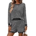 thumbnail image 3 of 2 Piece Sets for Women Summer Cute Stripe Long Sleeve Knit T Shirts Shorts Matching Lounge Set Black L, 3 of 8