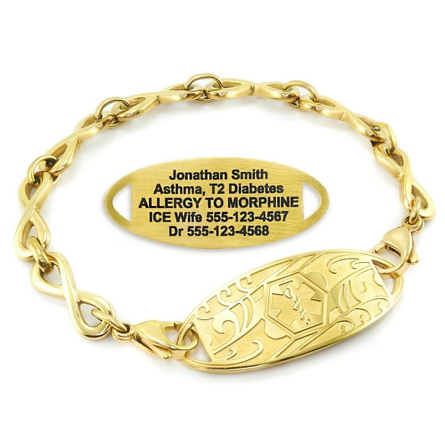 MedicEngraved Bracelet d'Alerte Médicale Personnalisé en Acier Inoxydable Or Jaune - Maillon Infini 6 mm