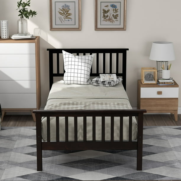 Twin Bed Frame, Solid Wood Platform Bed Frame with Headboard and Footboard, Modern Twin Size Bed