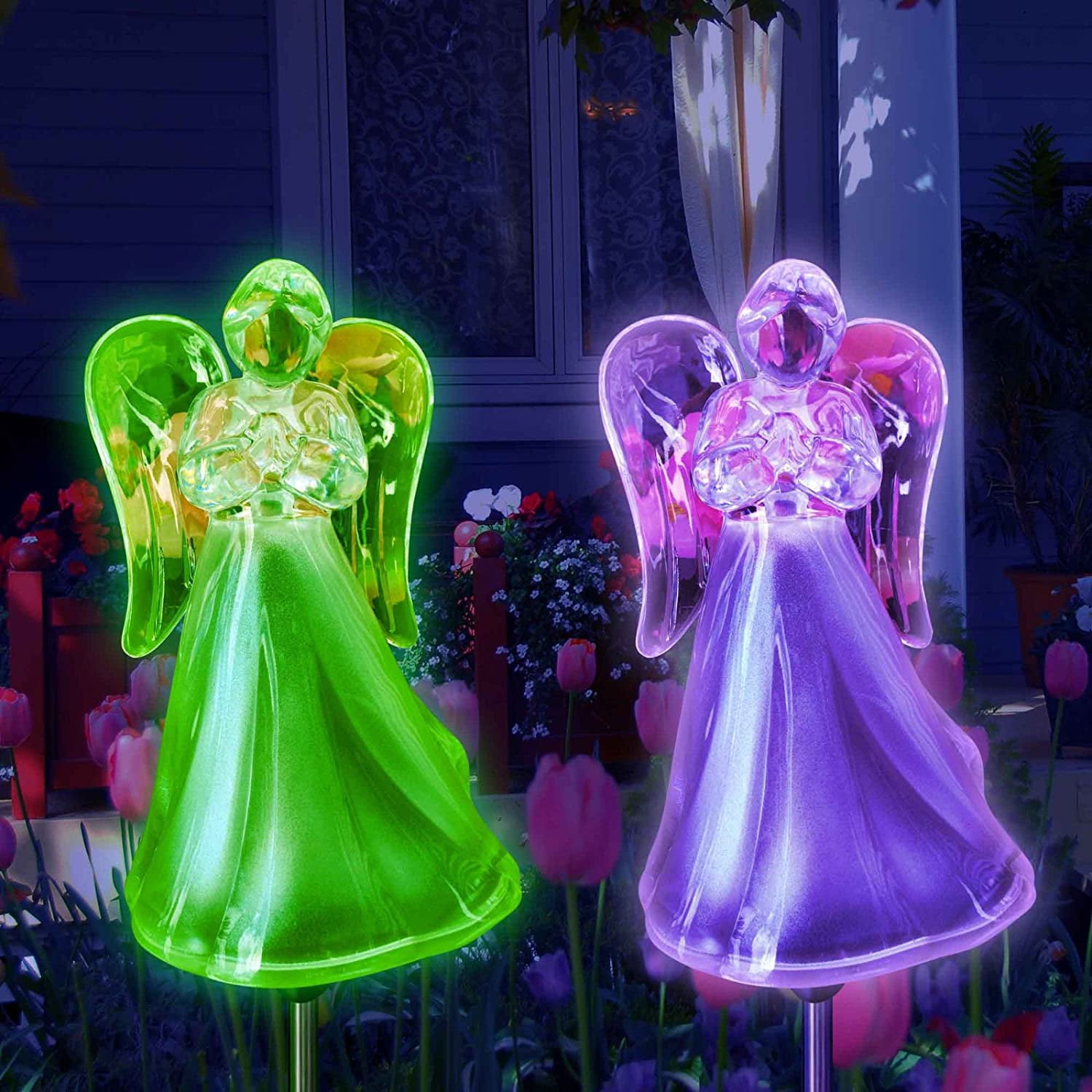 Set of 2 Solar Powered Angel Frosted Skirt Garden Stake Color Change LED Light 