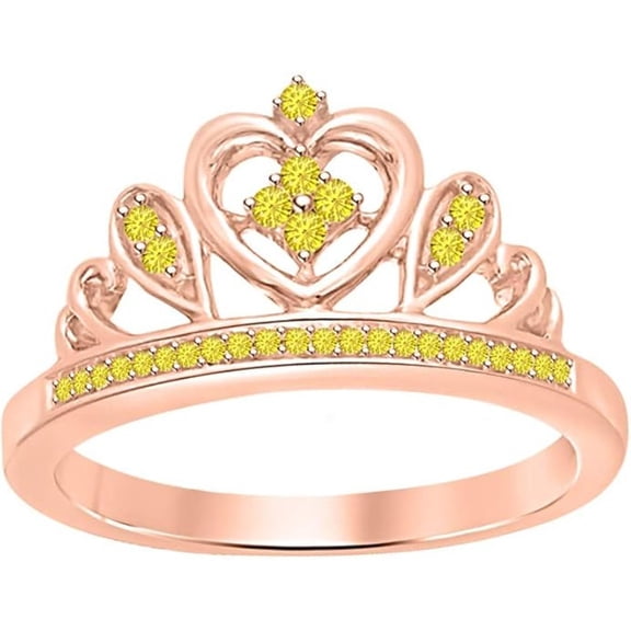Engagement Wedding 925 Sterling Silver 14K Rose Gold Plating Round Cut Yellow Sapphire Tiara Queen Crown Heart Shaped Ring For Women