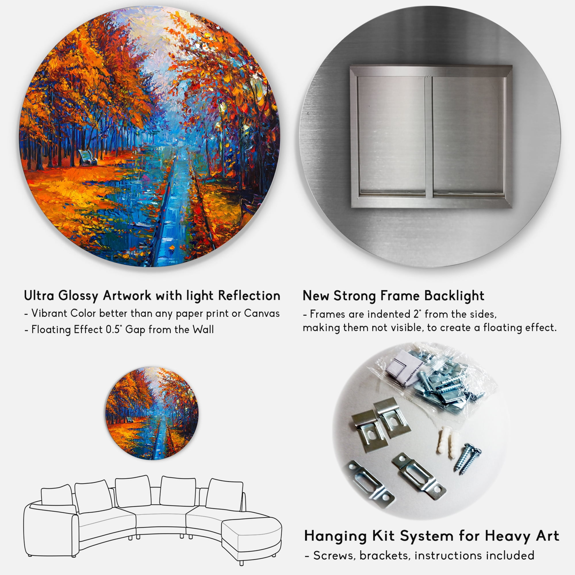Designart 'Orange Autumn Landscape With Little Road II' Traditional Circle Metal Wall Art 36x36 - Disc of 36