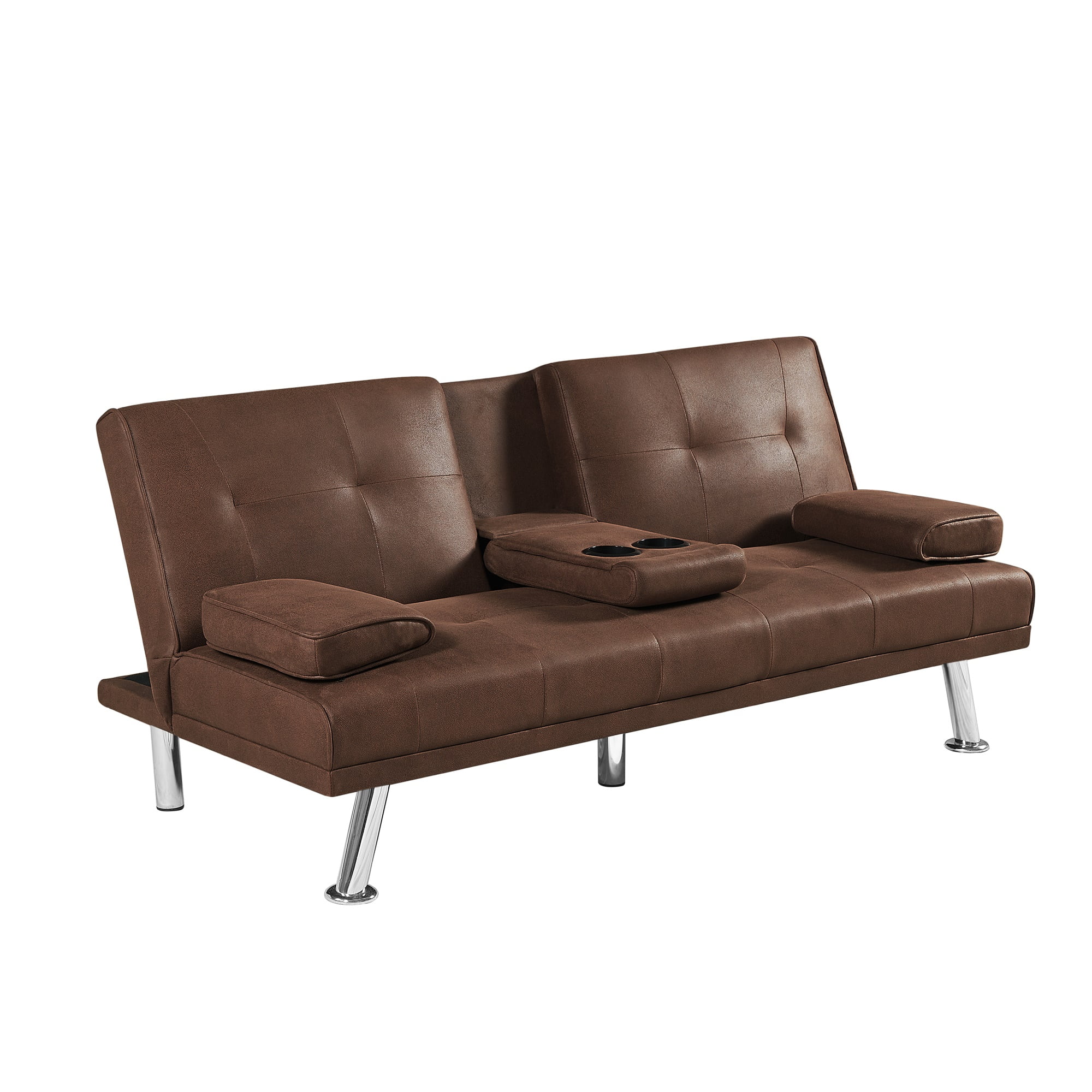 Kadyn Futon Sofa Bed, Bronzing Suede Sofa Bed with Cupholders and Pillows, Convertible Futon Folding Sleeper Sofa for Living Room, Coffee Kadyn Futon Sofa Bed, Bronzing Suede Sofa Bed with Cupholders and Pillows, Convertible Futon Folding Sleeper Sofa for Living Room, Coffee
