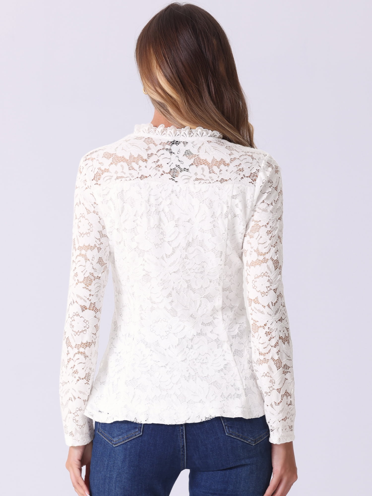 DARING DIVA Women's Lace Square Neck Long Sleeve Stretch Peplum Blouses XL White