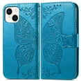 thumbnail image 2 of Wallet Case for iPhone 15, Butterfly Embossed PU Leather Magnetic Closure Kickstand Card Slots with Wrist Strap for Girls Women for iPhone 15, Blue, 2 of 7