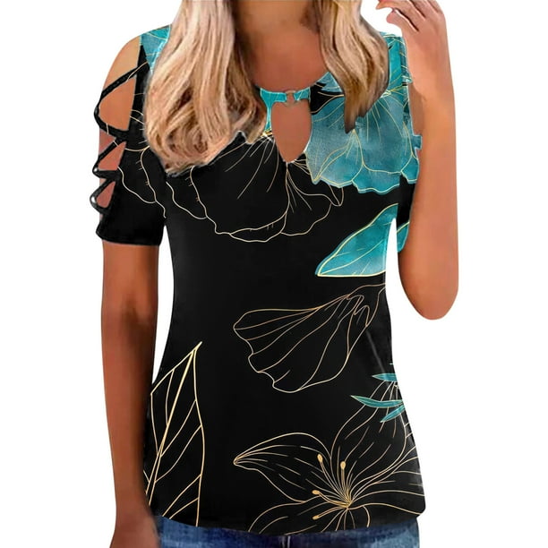 Gibobby Blusa de Trabajo de Manga Corta Camiseta manga corta con estampado flores y botones para mujer, camiseta manga corta, informal, Sexy, verano, para (Verde,G)