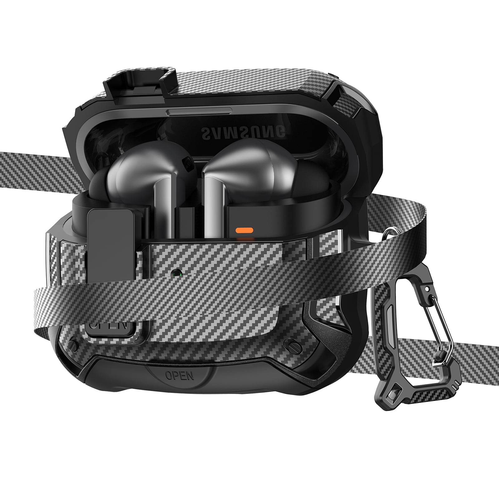 Dteck for Samsung Galaxy Buds 3 / Buds 3 Pro Case Cover with Lock Clip & Phone Stand,Shockproof for Galaxy Buds 3 / 3 Pro Protective Hard Cover with Carabiner for Men Women,Black-Carbon Fiber Pattern