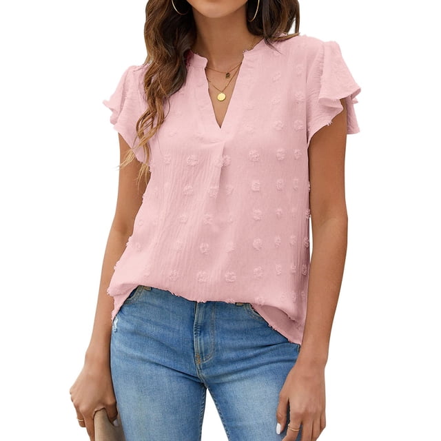 Blusa con cuello en V y mangas con volantes, de corte holgado y transpirable, para primavera, verano y otoño, color rosa, talla L