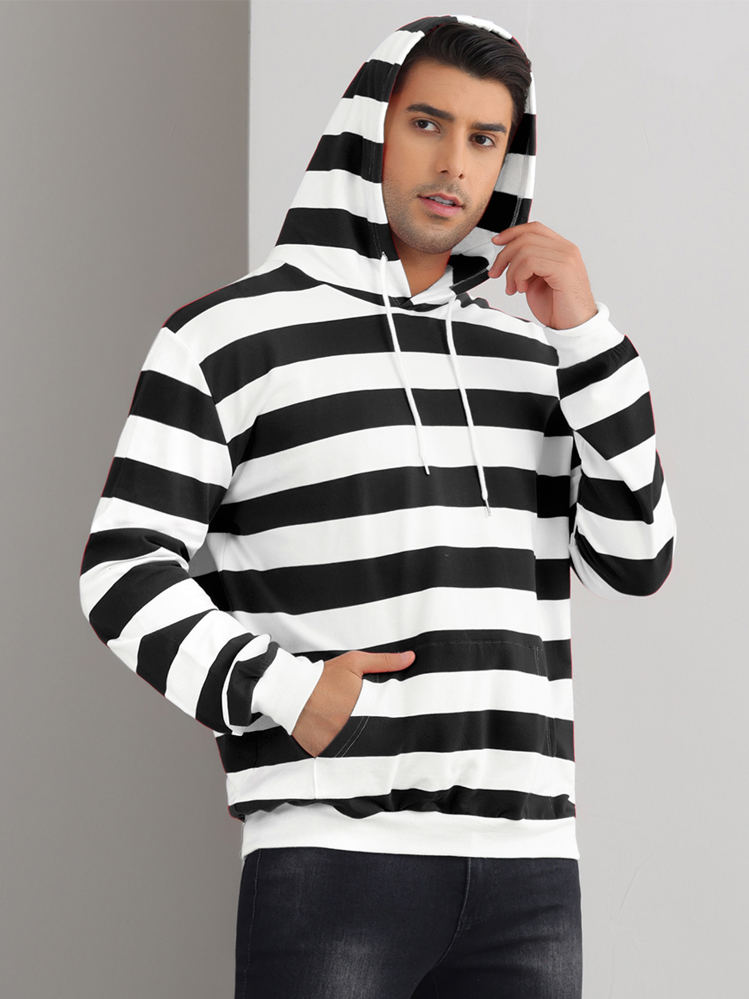 DARING DIVA Men's Striped Long Sleeves Drawstring Pullover Sweatshirts Hoodie S Black White