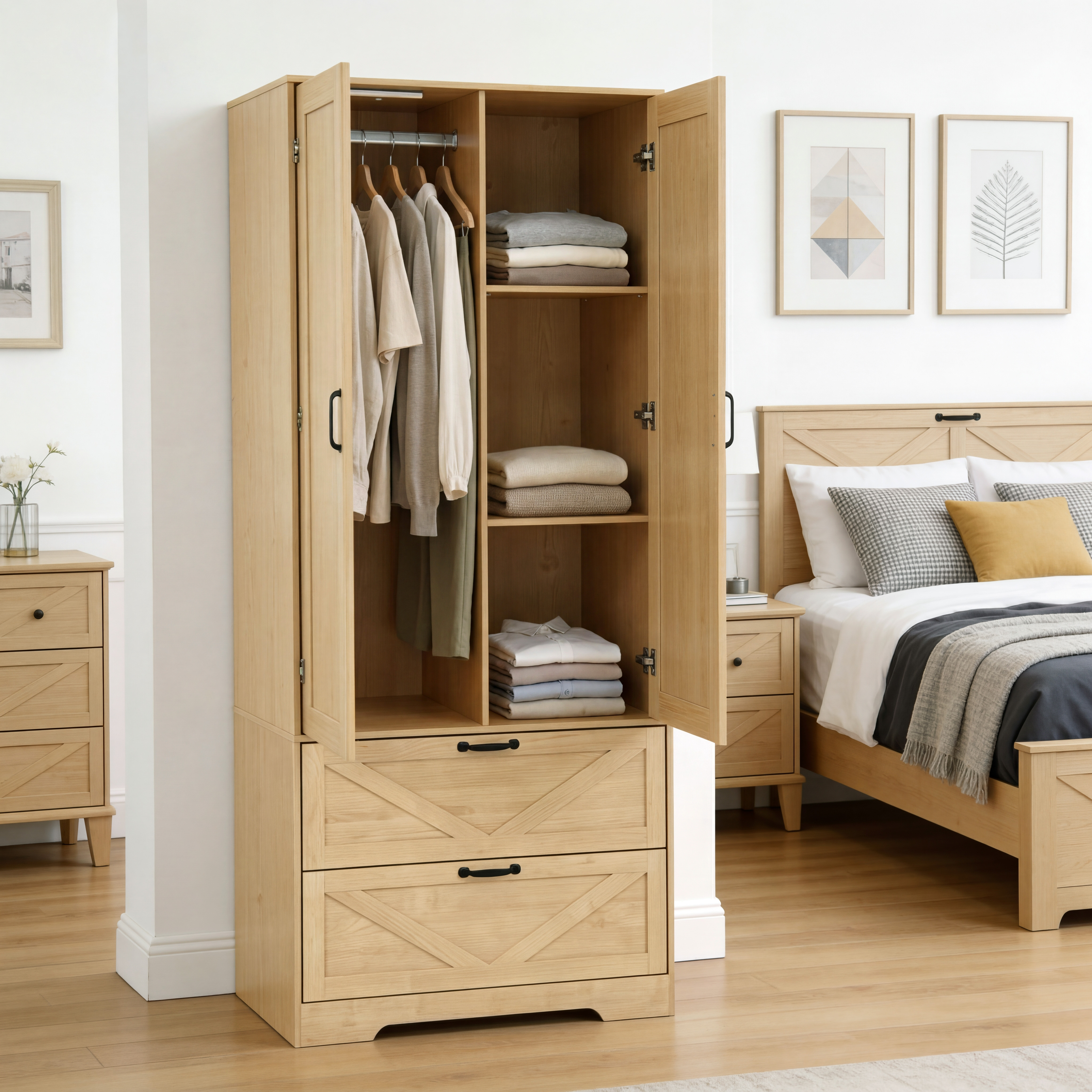 Mintazer 71" Tell Wardrobe Armoire with Mirror Door & 2 Large Drawers and Built-in Induction Light, Freestanding Clothing Storage Cabinet with Hanging Rod & Shelves for Bedroom, Natural