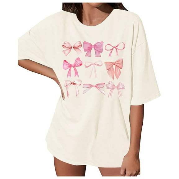 Spring Tops for Women Shirt Trendy Bow Tee Watercolor Pastel Bow Oversized T Shirts for Women Beige L