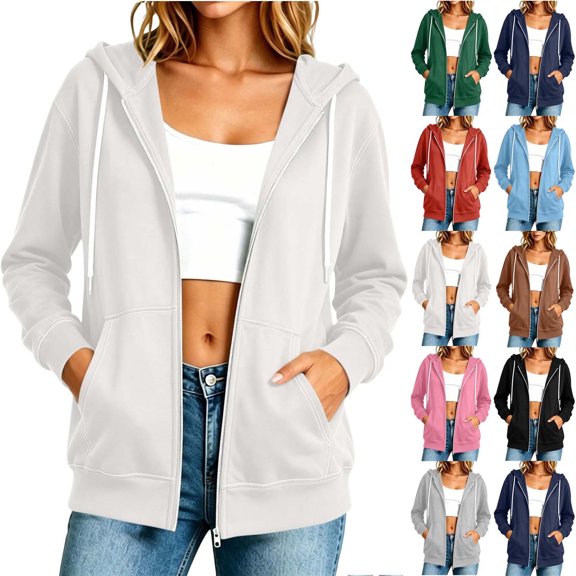 Aezemi Womens Full Zip Lightweight Sweatshirts Long Sleeve Hooded Drawstring Fashion Outdoor Shirts Hoodie Trendy Winter Fall Comfy Casual Tops S