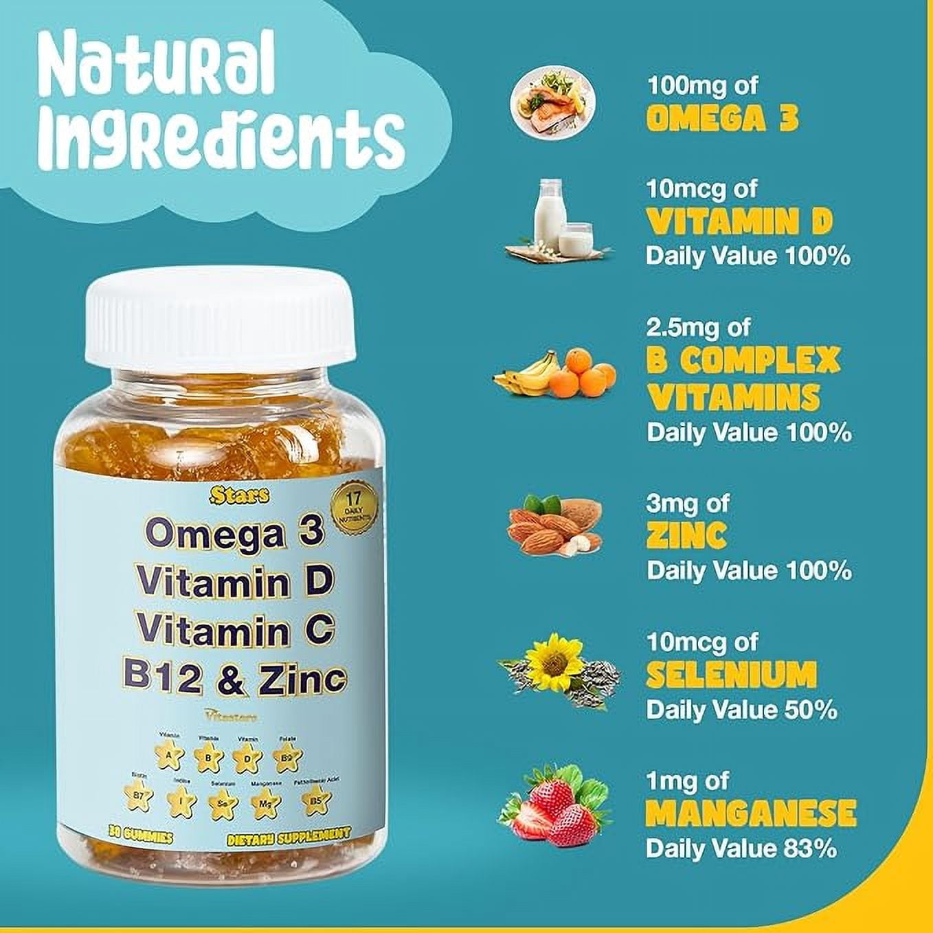 Vitastars Adult Multivitamin Gummy With Omega 3, Chewable Multivitamin with Selenium, Vitamin A, B, C, D, Biotin, Multivitamin for Women, Multivitamin for Men, 30 Star Shaped Multivitamin Gummies