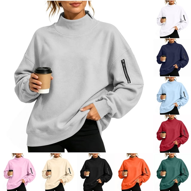 Hfnxid Womens Sweatshirts Loose Fit Stand Collar Long Sleeve Tops with Pocket Solid Color Casual Pullover Orange,L