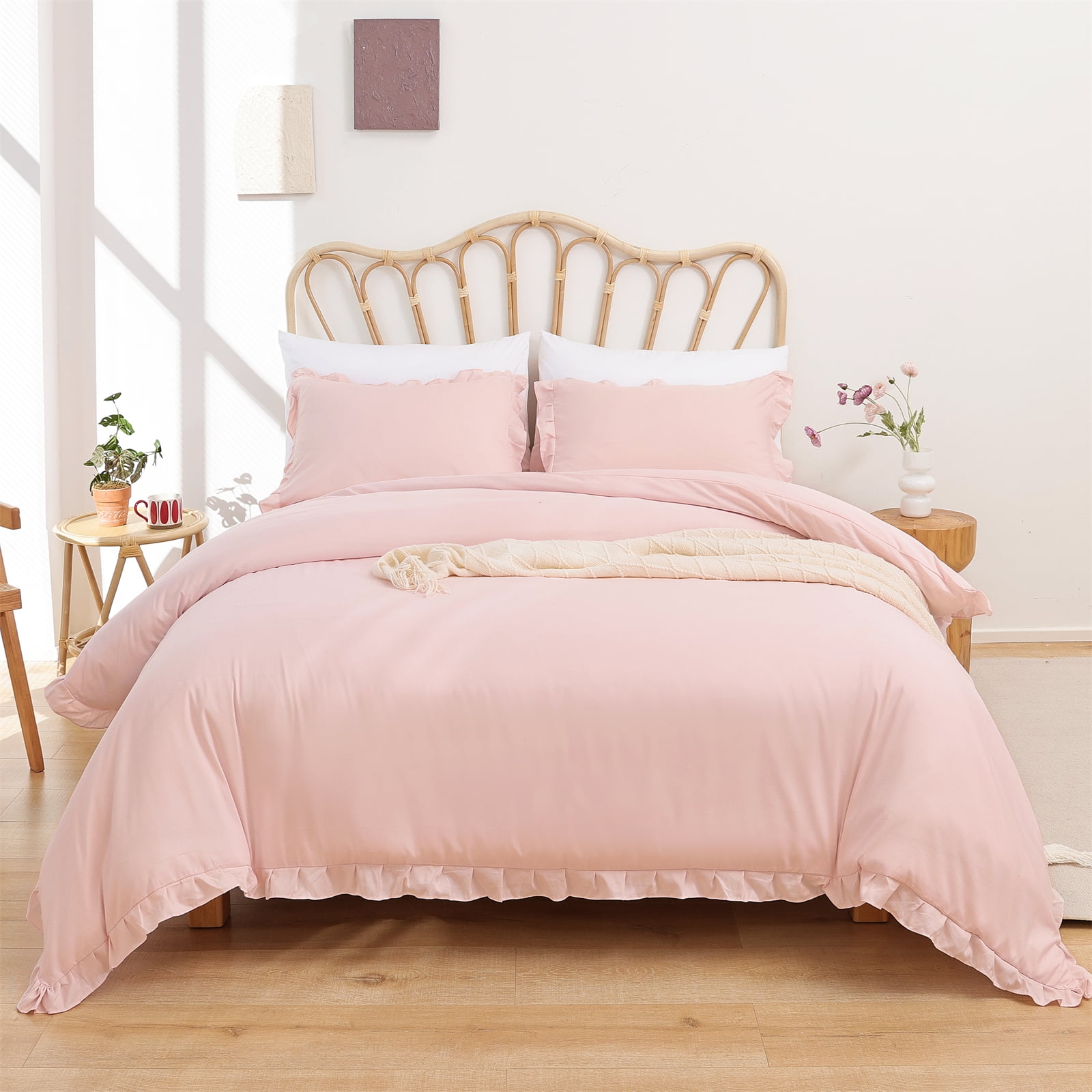 SPRINDAY Queen Comforter Set For Adult, 3 Piece Ruffle Pink Comforter Sets All Season