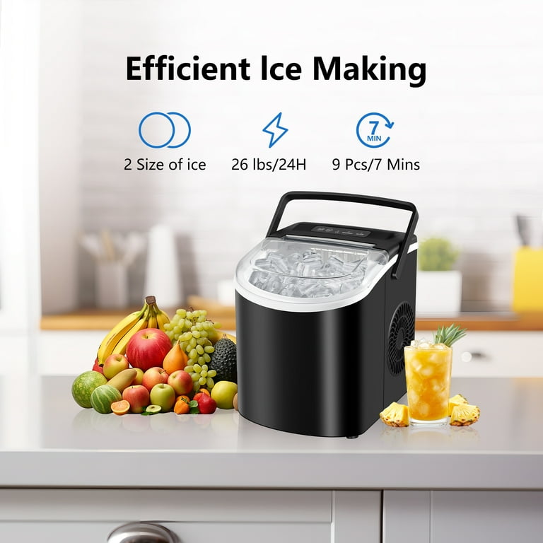 HUMSURE Countertop Ice Maker Machine with Handle, 26lbs  Per Day, 9 Ice Cubes Ready in 7 Mins, Self-Cleaning Portable Ice Maker with Basket and Scoop, for Home/Party/Kitchen/Camping/RV(Black)
