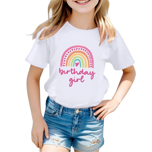 Girls Birthday Girl Rainbow Print T-Shirt, Short Sleeve Crew Neck Casual Tee for Kids, Cute Birthday Party Top for Daily Wear(Pink,9-10 Years)