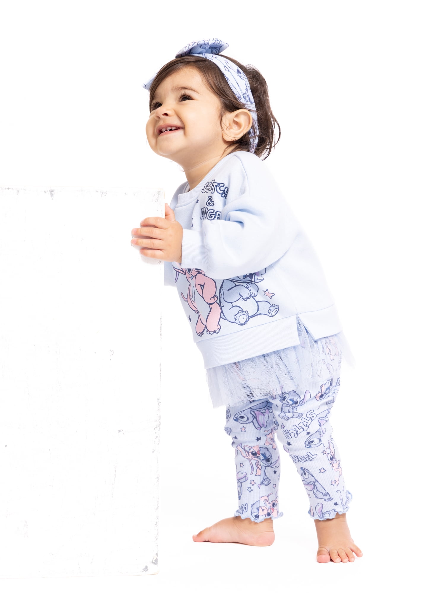 Stitch Baby Girls Graphic Tulle Sweatshirt and Printed Leggings with Bow Headband Set, 3-Piece, Sizes 0/3M-24M